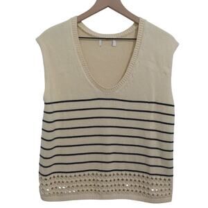 Banana Republic Women Sz L Cream Navy Striped V-Neck Sweater Vest Crochet Hem